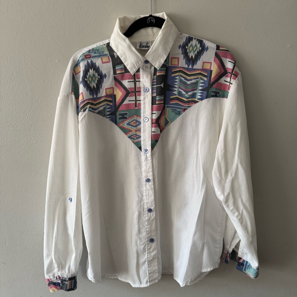 Vintage 1980s Western Tapestry Button Up Aztec White Pink Blue Green Made in USA